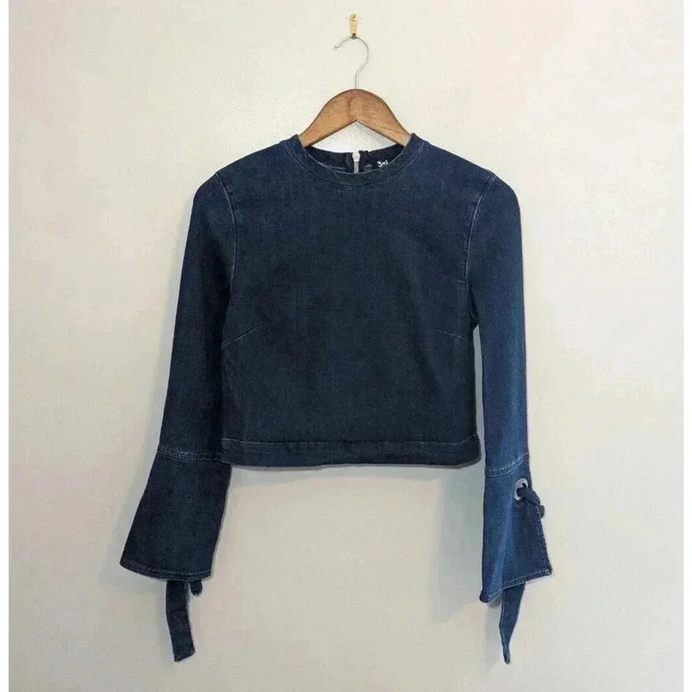 3x1 Hollow Top Ferdie Blue Bell Sleeve Stretch Denim Top Sz S Cropped Revolve